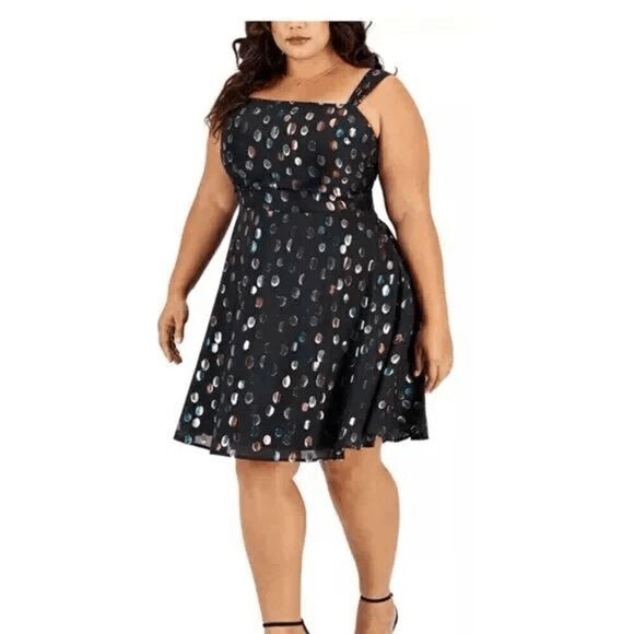 City Studios Plus Size Metallic Dot Skater Dress 20W Black Party - Picture 1 of 8